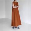 Estilo Chic Coreano Suelto Oversize Sin Mangas Color Calabaza Largo de Algodón y Lino Vestido Ops para Mujer Moda 2025