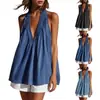 Chaleco de Mezclilla para Mujer Casual Cuello en V Profundo Plisado Holgado Top Cubre Traje de Playa Sin Mangas Sin Tirantes Espalda Descubierta Vestido