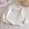 Camiseta de Encaje para Niñas Estilo Princesa Dulce Otoño 2026, Manga Larga, Cuello Redondo, Bordado de Dibujos Animados, Camiseta Básica Versátil de Algodón Puro