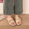 Sandálias de linho slip-on com fivela retrô da moda para mulheres, novas mules baixas de moda versáteis para outono e inverno 2026