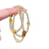 [Crema Dulce] Pulsera de Citrino Natural de Tres Círculos Multi-Tesoro, Exquisita, Moderna y la Más Fácil de Combinar, Pulsera de Cristal para Tu Novia