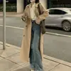 Estilo británico temperamento color caqui bolsillo botón solapa cortavientos chaqueta mujer petite holgado largo abrigo otoño