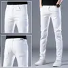 Pantalones Vaqueros Largos Blancos Rectos Elásticos Ajustados Adelgazantes Skinny para Hombre Marca de Moda Versátiles Casuales