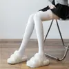 Meias Grossas Quentes de Inverno Caídas para Mulheres, Meias Brancas Listradas Verticais Acima do Joelho, Meias Doces Japonesas, Meias Altas na Coxa Base JK