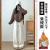 Pantalones de pierna ancha con estampado de espiga gris para mujer, otoño e invierno, de cintura alta, fluidos, de pierna recta, deportivos, de chenilla, casuales, de punto, con forro polar