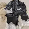 Estilo Coreano de Primavera e Outono Novo Manga Longa Seda Gelada Fina Doce Cor Sólida Renda Roupa de Casa Conjunto Doce para Mulheres