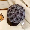 Boina Octogonal Xadrez Cor de Café Maillard para Mulheres, Outono e Inverno, Circunferência da Cabeça Grande, Estilo Artístico, Chapéu Boina de Jornaleiro Pintor Emagrecedor