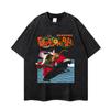 Camiseta Vintage de Manga Curta Europeia e Americana Estampa de Mangá Japonês Oversized Lavada Gola Redonda Top Marca Tendência Transfronteiriça Masculina