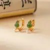 Brincos de Prata Esterlina S925 Nalan com Jade Hetian e Pérola em Forma de Cabaça Estilo Simples Exquisito Ins Brincos de Nicho M08363