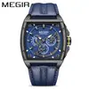 Nuevo reloj Megir para hombre, elegante cuadrado impermeable luminoso de cuero genuino deportivo de cuarzo 2204