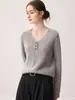 Suéter 100% Cachemir Puro para Mujer de Tres Botones con Cuello en V Simple para el Trabajo de Manga Larga Jersey de Punto Suave con Cuello Medio Abierto