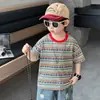 8321 Camiseta de Manga Curta para Meninas Verão Nova Moda Infantil Gola Redonda Casual Versátil Listrada