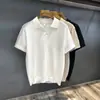 Camiseta tipo polo de punto de manga corta con patrón calado de seda helada, cómoda, color blanco marfil, para hombre, camiseta de verano con cuello tipo polo para hombre