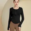Blusa de Otoño con Botones Medio Abierta Suéter para Mujer Ropa para Yoga con los Dedos Top de Manga Larga Ajustado Dobladillo Curvo Camiseta de Fitness Body-fit