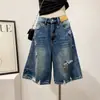Estilo de Rua Moderno~ Shorts Jeans Retos Rasgados para Mulheres, Novas Calças de Cinco Pontos de Verão de Cintura Alta Slim A-Line de Perna Larga