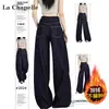 Calça Jeans Wide Leg Azul Escuro para Mulheres, Tendência Outono e Inverno Versátil Nova Cintura Alta Forrada com Fleece Calça Reta Solta