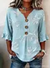 Nueva camiseta estampada de cuello en V con volantes y botones transfronteriza para mujer, elegante camisa casual para ir al trabajo en verano