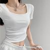Camiseta Negra de Manga Corta para Mujer, Corte Ajustado, Cintura Alta, Corta, Top Ajustado de Media Manga, Blanco Nuevo Estilo 2026, Cuello en U, Cuello Redondo