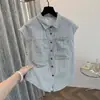 Cárdigan de algodón y lino sin mangas con cuello para mujer, nuevo estilo de verano, top de ramio moderno y chic para mujeres petite.