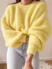 Nova moda feminina europeia e americana: suéter de malha com mangas compridas estilo lanterna de cor sólida suave, modelagem solta, emagrecedor, macio e grosso, pulôver para mulheres