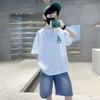 Moda Verão 2024 Masculina Camiseta de Manga Curta Versátil Camiseta de Algodão de Manga Meia-manga para Crianças Grandes Top Moda