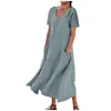 Vestido Feminino Transfronteiriço Europeu e Americano Amazon Cor Sólida Gola Redonda Manga Curta Bainha Longa Solta