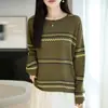 Camiseta Básica Listrada Fair Isle Transfronteiriça de Gola Redonda com Caimento Solto para Mulheres, Novo Suéter de Tricô Crochê Vazado de Outono, Blusa de Tricô Versátil