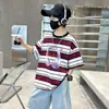 Roupas de Verão para Meninos com Manga Curta 2026 Nova Estampa Digital Listrada Estilosa, Moda Tendência Soltinha para Crianças