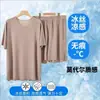 Conjunto de Roupa de Casa Sem Costura Cor Sólida de Seda de Gelo com Costura para Mulheres Conjunto de Pijama para Casal Pijama Casual de Perna Larga Conjunto de Duas Peças para Casa