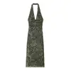 Explosões AliExpress estilo europeu e americano transfronteiriço atacado de comércio exterior feminino ZR em estoque vestido de malha de seda com estampa e decote halter