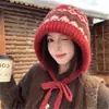 Chapéu de Tricô Estilo Fair Isle Coreano para Mulheres, Chapéu de Lã Quente à Prova de Vento para Outono/Inverno, Faz o Rosto Parecer Menor, Chapéu com Amarração para a Cabeça
