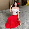 Conjunto de Top Camiseta de Verano con Hombros Descubiertos y Mangas Cortas con Falda Plisada Fruncida para Mujer Verano