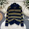 Suéter de Tricô Color Block Listrado Gola Polo Estilo College Retrô Casual Preguiçoso Feminino Caimento Solto Relaxado Versátil