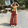 Pantalones Casuales de Cuadros Naranja Infantil # Vintage de Cintura Alta Pierna Ancha para Mujer, Corte Holgado, Adelgazantes, Favorecedores, Elegantes, Versátiles, Pantalones con Dobladillo Curvo.