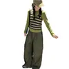 Conjunto de Dos Piezas para Niñas: Chaleco de Punto Rayado Colorido Estilo Coreano Nuevo Otoño y Top de Manga Larga Ajustado con Pantalones Cargo