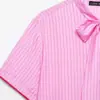 Novedad de Verano Ropa para Mujer Estilo Europeo y Americano Moda Simple Versátil Decoración de Lazo Camisa de Rayas de Manga Corta Top