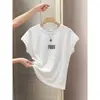 Camiseta de Manga Corta para Mujer, Estilo Nuevo de Verano 2026, Adelgazante, Color Caqui Oscuro con Mangas Acampanadas, Algodón Puro
