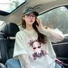 Camiseta de Manga Larga con Encaje Empalmado Estilo Pura Pasión para Proteger del Sol para Mujer, Estilo Perezoso, Graffiti Estilo Occidental Holgado Aspecto Falso de Dos Piezas Adelgazante Top