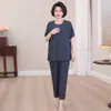 Conjunto de Algodón y Seda Tallas Grandes para Mujeres de Mediana Edad y Mayores, Atuendo de Abuela de Manga Corta, Conjunto Casual de Dos Piezas para Verano