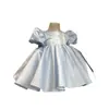 Lindo y elegante vestido de princesa azul de satén, vestido de tutú de satén, vestido para el primer cumpleaños del bebé, vestido para sesión de fotos de cumpleaños de niña