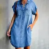 Site Independente Amazon 2025 Novo Produto Transfronteiriço Estilo Europeu e Americano Gola Lapela Manga Curta Vestido Justo Vestido Camisa Jeans para Mulheres