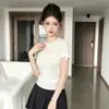 Camiseta de punto de seda de hielo blanca con lazo hueco estilo coreano para mujer, top corto ajustado de chica caliente de verano