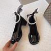 Sapatos Mary Jane Femininos Primavera 2022 Novos Laço de Pérola Salto Grosso Salto Alto Estilo Princesa Fada Sapatos de Couro