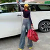 Calça Jeans Reta Larga de Cintura Alta Estilo Americano Retrô Solta de Cintura Alta Versátil para Mulheres