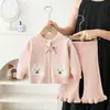 Conjunto de Suéter para Niña Nuevo Cárdigan de Punto de Conejo Suéter de Cuello Redondo con Lazo Combinado con Pantalones de Encaje Conjunto de Dos Piezas