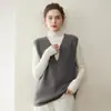 Chaleco de punto de cachemira de color liso de doce puntos para mujer con cuello en V profundo, corte holgado, adelgazante, prenda exterior