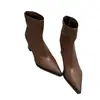 Botas de tornozelo de salto alto com bico fino para mulheres, coleção outono/inverno 2025, estilo francês, deslumbrantes botas nude, botas de ajuste justo, botas de moda com salto grosso retrô, Botas Martens