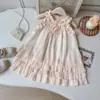 Vestido Feminino Estilo Coreano, Novo Estilo de Verão, Vestido Versátil para Bebê Menina, Vestido de Princesa de Verão com Gola Halter Rosa para Crianças