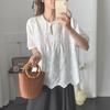 Camisa de Algodão Bordada Estilo Chinês Retro Artístico Blusa Pulôver de Manga Curta com Pregas de Organza de Temperamento para Mulheres