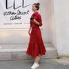 Vestido Longo Feminino Primavera e Outono 2025 Novo Redutor de Idade Versátil Melhora da Qualidade Vermelho Francês Vestido Moderno